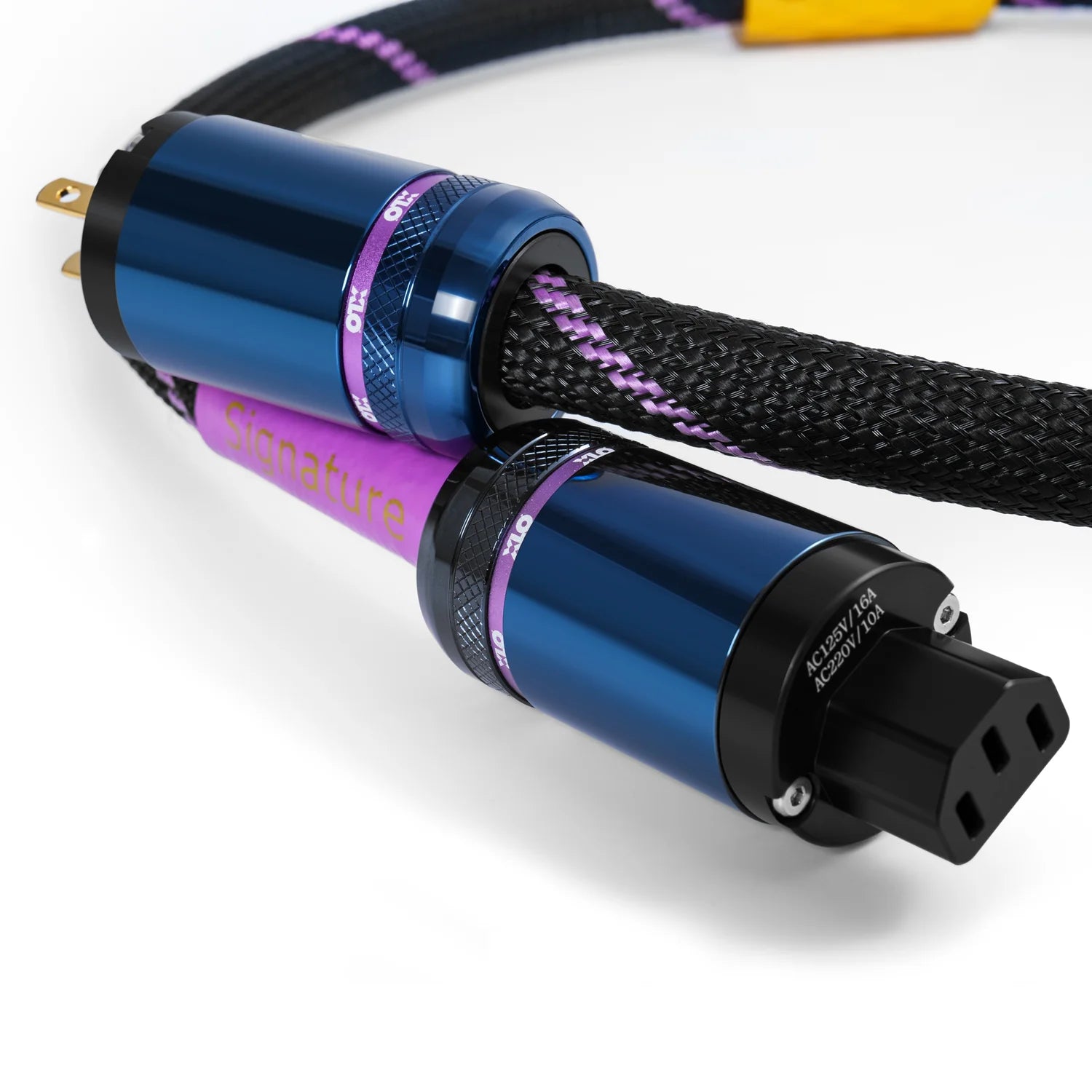 Close-up of XLO S35 power cable IEC and plug connectors