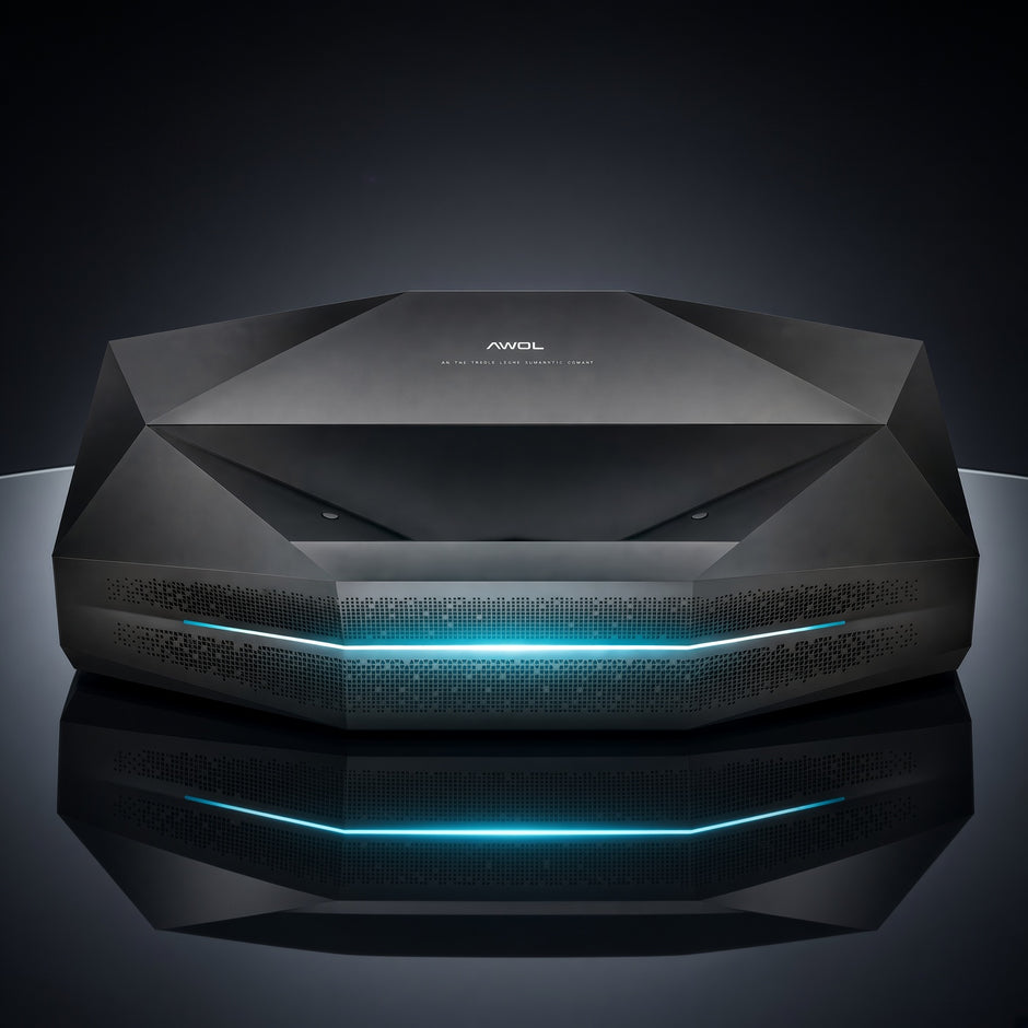 AWOL Vision Aetherion Max 4K RGB 三色雷射超短焦投影機正面，深灰槍金屬幾何機身與前方青色 LED 氣氛燈條