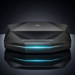AWOL Vision Aetherion Max 4K RGB 三色雷射超短焦投影機正面，深灰槍金屬幾何機身與前方青色 LED 氣氛燈條