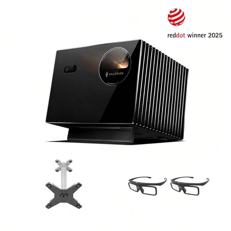Valerion VisionMaster pro 2 正面產品圖，附掛牆支架及兩副主動式3D眼鏡